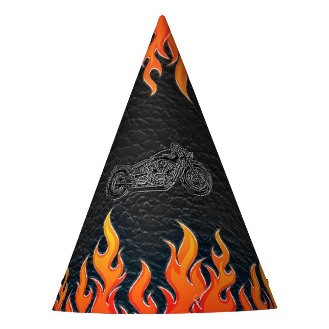 Black Leather Orange Flames Motorcycle Biker Party Party Hat (Front)