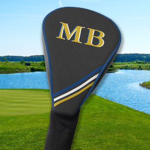 Black Leather Personalised Monogram Gold Stripes Golf Head Cover