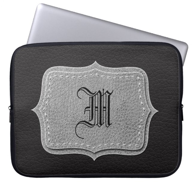 Black Leather Personalised Monogram Laptop Sleeve (Front)