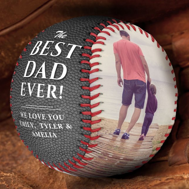 Black Leather Print Best Dad 2 Photo Collage Baseball (Creator Uploaded)