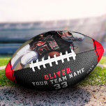 Black Leather Print Red PlayerNumber Team Photo Football<br><div class="desc">Black Leather Print Red Player Name Number Team Photo Football. Personalise it with your photo, player`s name, number, team name and year. The text is trendy white and red typography on a black leather printed background with red stripes. You can change any text on the football or erase it. A...</div>