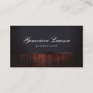 Black Leather Rustic Wood and Elegant Text Business Card