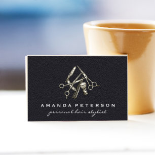 Black Leather Salon Barber Shop Tools Business Card