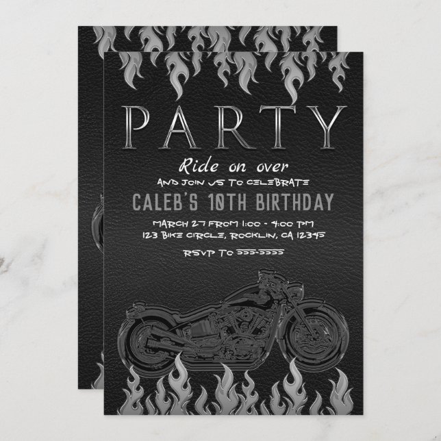 Black Leather Silver Chrome Motorcycle Biker Party Invitation (Front/Back)