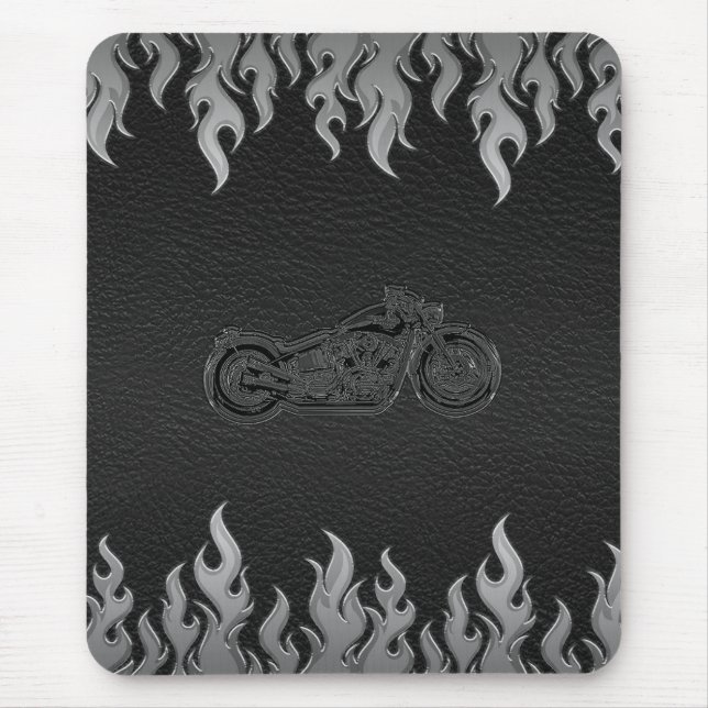 Black Leather Silver Flames Chrome Motorcycle Mouse Pad (Front)