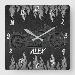 Black Leather & Silver Flames Hot Fire Motorcycle Square Wall Clock
