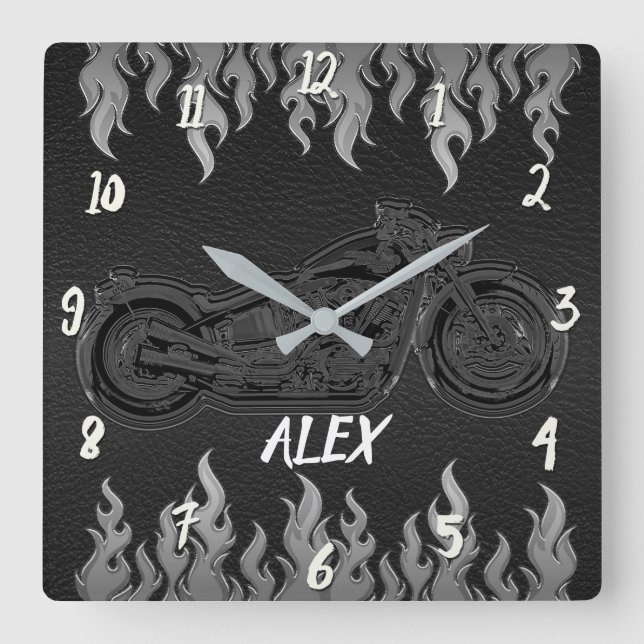 Black Leather & Silver Flames Hot Fire Motorcycle Square Wall Clock (Front)