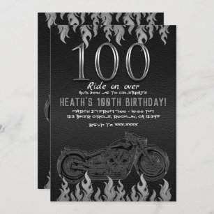 Black Leather Silver Motorcycle 100TH 100 Birthday Invitation