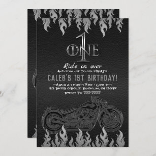Black Leather Silver Motorcycle 1 ONE 1ST Birthday Invitation