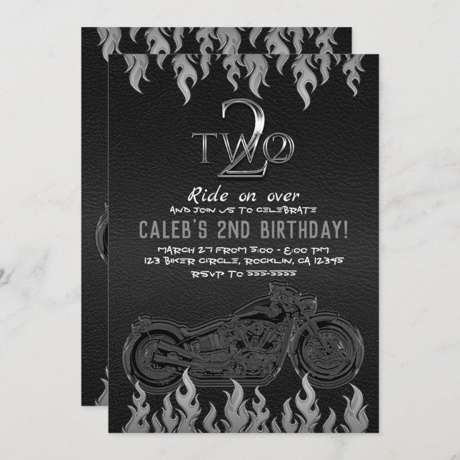 Black Leather Silver Motorcycle 2 TWO 2ND Birthday Invitation (Front/Back)