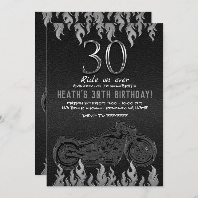 Black Leather Silver Motorcycle 30TH 30 Birthday Invitation (Front/Back)