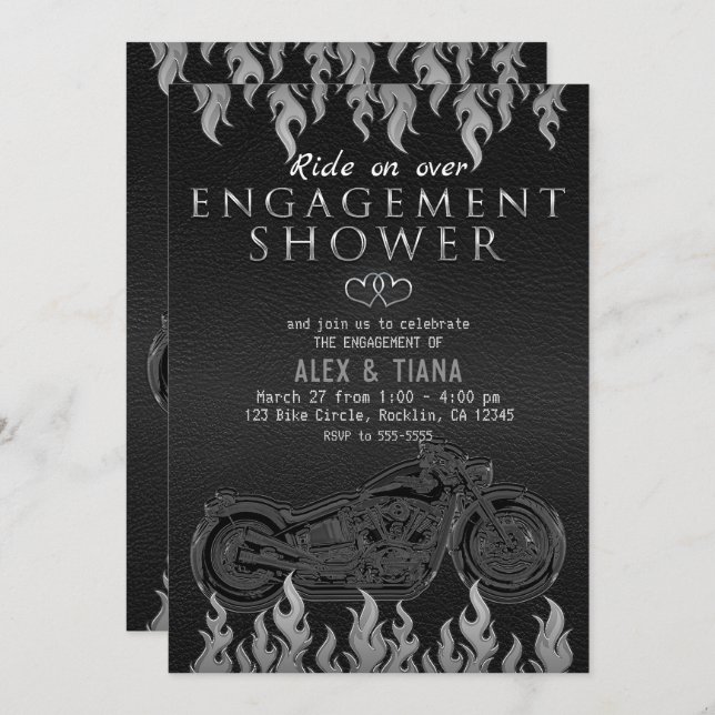Black Leather Silver Motorcycle Engagement Shower Invitation (Front/Back)