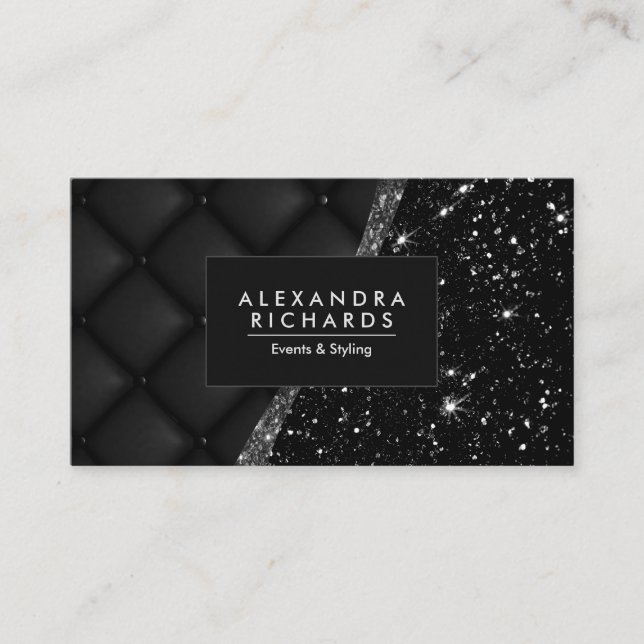 Black Leather Texture and Glitter Business Card (Front)