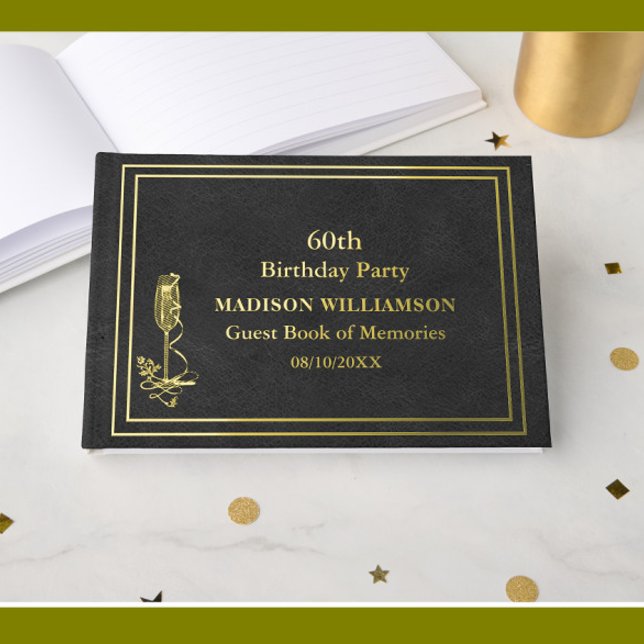 Black Leather Texture Birthday Party Gold Foil  Guest Book (Creator Uploaded)