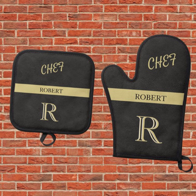 Black Leather Texture Chef Monogram Name  Oven Mitt & Pot Holder Set (Creator Uploaded)