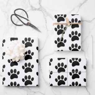 Black Leather Texture Dog Paw Print Wrapping Paper Sheet