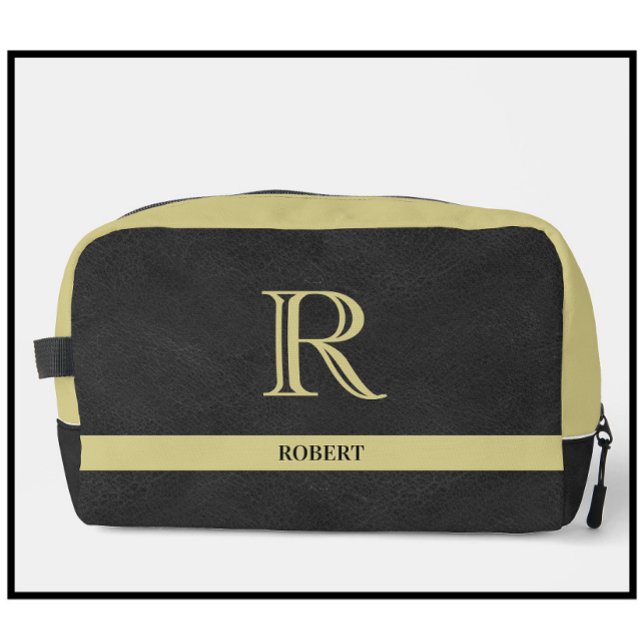 Black Leather Texture Gold Monogram Name  Dopp Kit (Creator Uploaded)