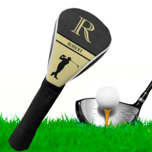 Black Leather Texture Golfer Monogram Name Gold Golf Head Cover