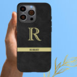 Black Leather Texture Monogram Name Gold   iPhone 16 Pro Max Case<br><div class="desc">Personalised Monogram and Name. Black leather texture with Gold elegant lettering (not actual leather). Sophisticated father's day gift idea for dad or grandpa (husband / significant other). Could also be a perfect holiday or retirement gift idea. if you need any design assistance or a special request, just send us a...</div>