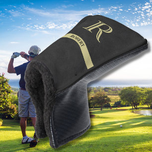 Black Leather Texture Monogram Name Gold   Golf Head Cover