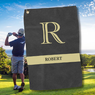 Black Leather Texture Monogram Name Gold   Golf Towel
