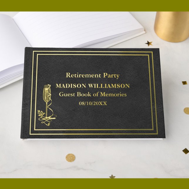 Black Leather Texture Retirement Party Gold Foil  Guest Book (Creator Uploaded)