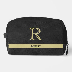 Black Leather Texture Trim Gold Monogram Name  Dopp Kit