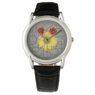 Black leather watch with flower face