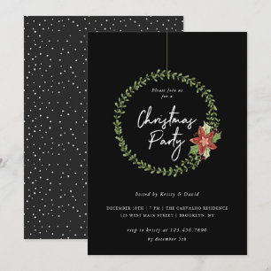 Black Leaves and Floral Ornament Christmas Party Invitation