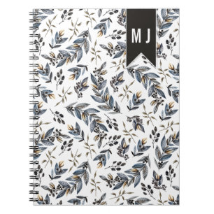 Black Leaves Berries Pattern Monogram Spiral Notebook
