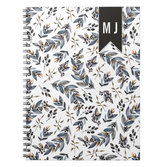 Black Leaves Berries Pattern Monogram | Spiral Notebook (Front)