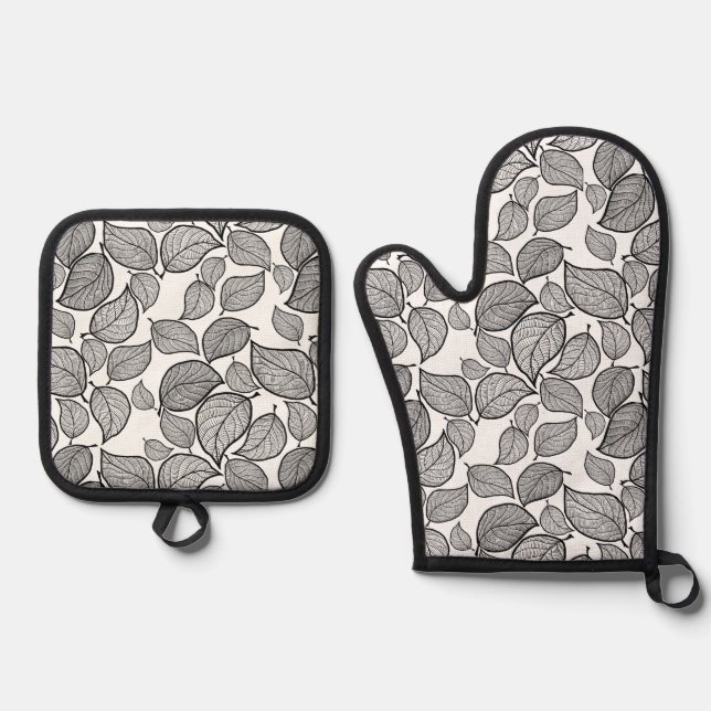 Black Leaves White Oven Mitt & Pot Holder Set (Front)