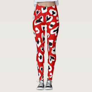 black leopard animal print heart red leggings