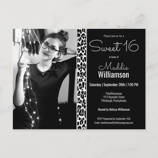 Black Leopard Glitter Photo Sweet 16 Invitation Postcard (Front)