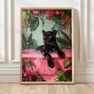 Black Leopard in Bathtub Art Print, Bathroom Black Poster