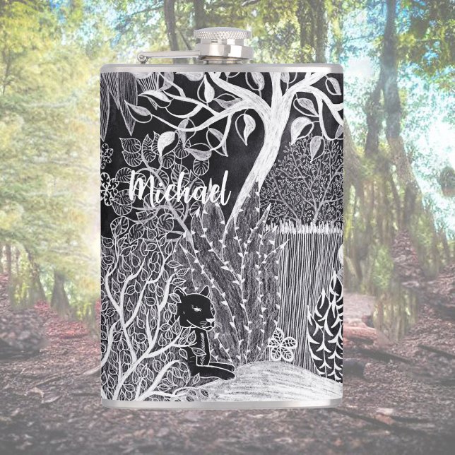 Black leopard in the jungle - hand drawn, custom hip flask (Creator Uploaded)
