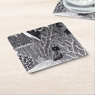 Black leopard in the jungle - pencil drawing square paper coaster