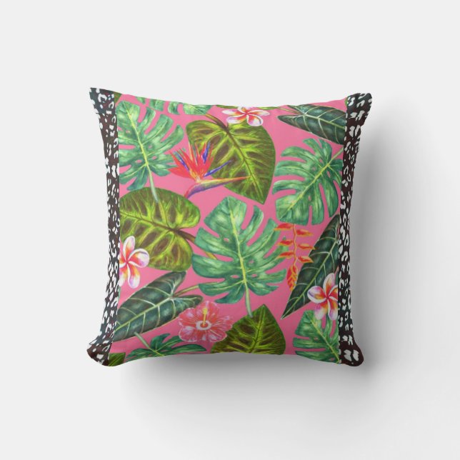 Black Leopard Pink Tropical Throw Pillow (Front)