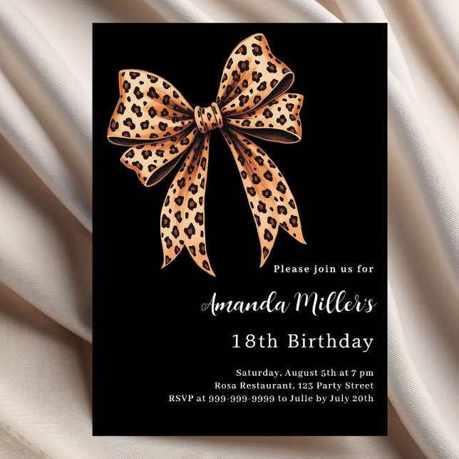 Black leopard print bow brown birthday invitation (Creator Uploaded)