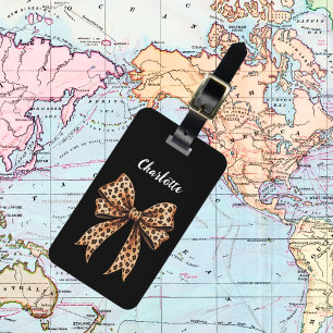 Black leopard print bow name script luggage tag