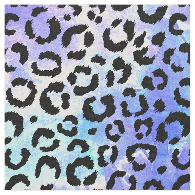 Black Leopard Print on Blue Watercolor Background Fabric (Close Up)