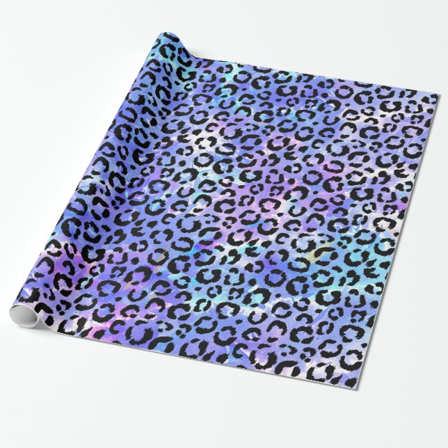 Black Leopard Print on Blue Watercolor Background Wrapping Paper (Unrolled)