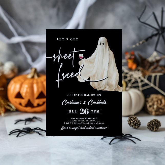Black Let's Get Sheet Faced Funny Halloween Invitation (Creator Uploaded)