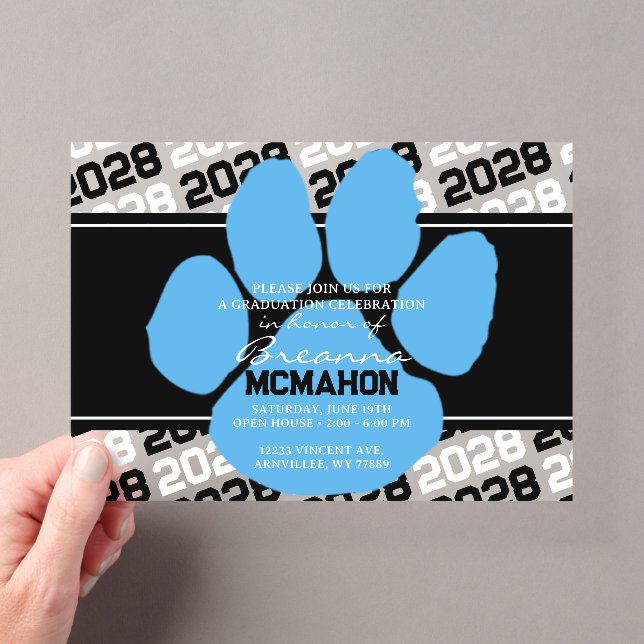 Black & Light Blue Pawprint Graduation Frosted Acrylic Invitations (Insitu (Handheld))