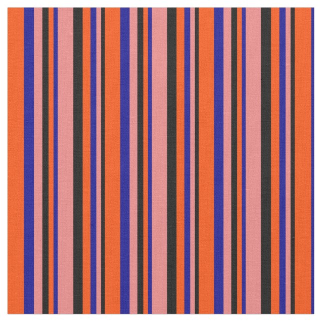 Black, Light Coral, Dark Blue & Red Stripes Fabric (Close Up)