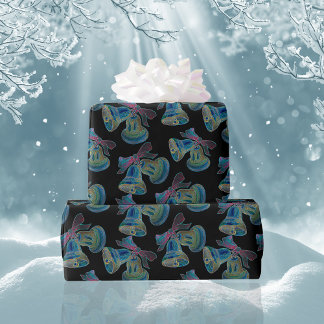 Black Light Neon Christmas Bells Pattern Wrapping Paper