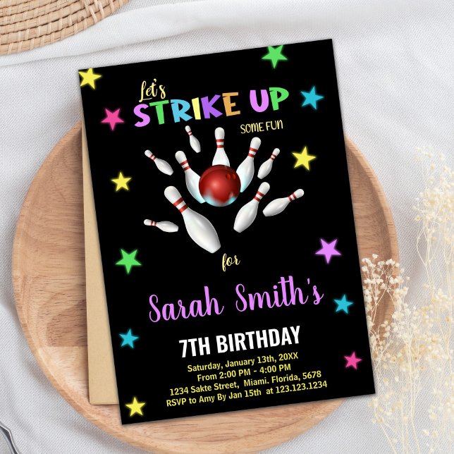 Black Light Purple Bowling Birthday Invitations (Black Light Purple Bowling Birthday Invitations)