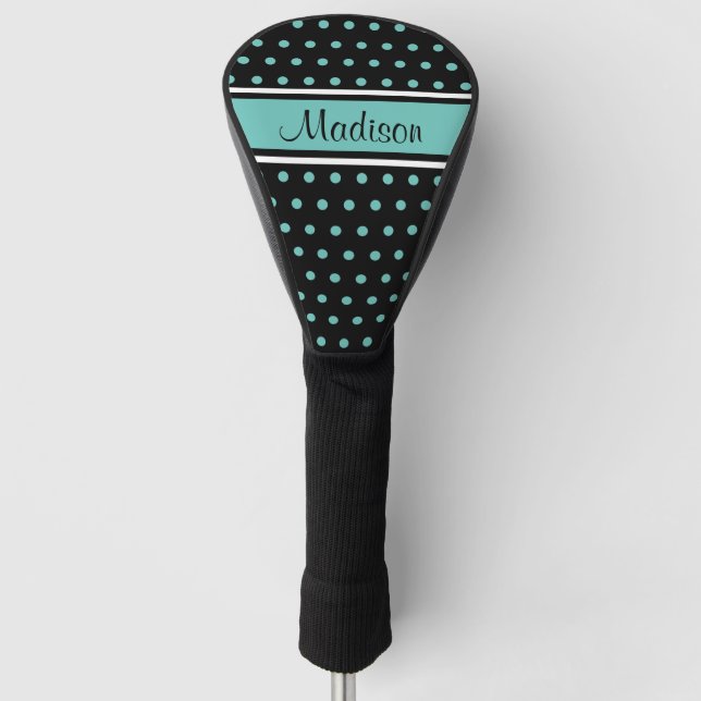 Black Light Teal Polka Dot Stripe Script Name Golf Head Cover (Front)