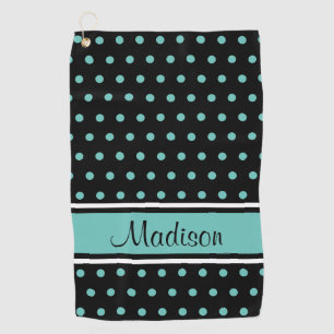 Black Light Teal Polka Dot Stripe Script Name Golf Towel