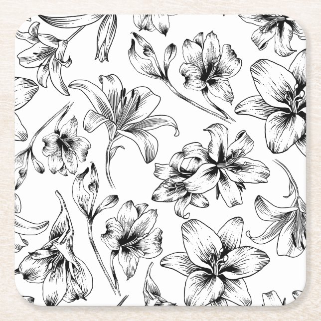 Black Lily Flowers Square Paper Coaster (Front)